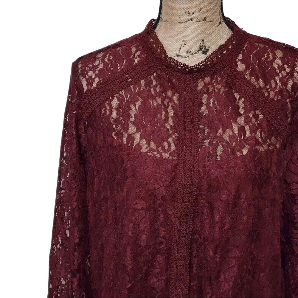 Cable & Gauge Burgundy Lace Mock Neck Long Sleeve Blouse Elegant Romantic 3X New - Picture 2 of 8